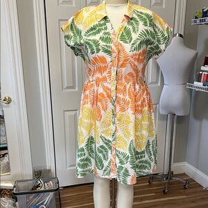 Tropical Leaf Print Button-Up cotton/linen Dress